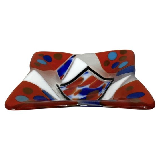 Handmade Fused Art Glass Dish – Red, Blue & White – 6” Modern Decorative Bowl - Picture 6 of 6